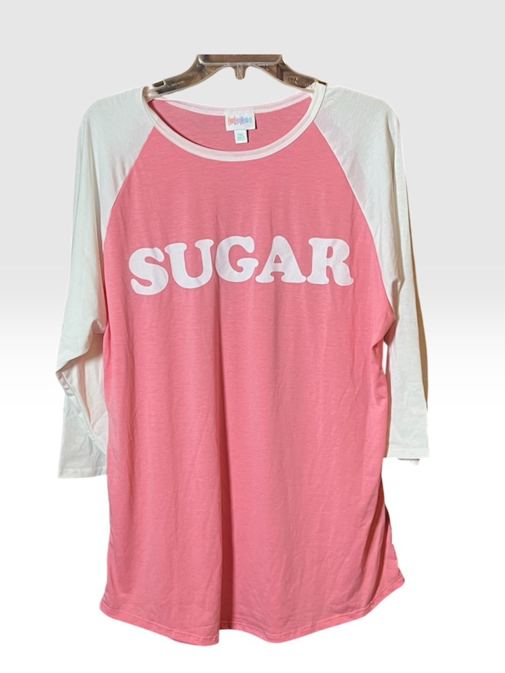 LuLaRoe Randy style Pink "SUGAR" Raglan Tee with White Sleeves. Size 2xl